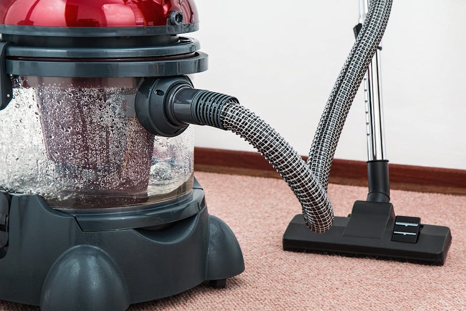 Close-up of a modern canister vacuum cleaner with a transparent dust container filled with debris, connected to a flexible, patterned hose. The vacuum is positioned on a pinkish-beige carpet in a well-lit room, with a white wall and wooden skirting board visible in the background. The vacuum's body appears sleek with a red top and black base, and the hose extends upward towards the floor. The scene emphasizes surface cleaning and deep cleaning processes, highlighting equipment used by Carpet Cleaning Kennington for maintaining hygiene and cleanliness in residential or commercial settings.