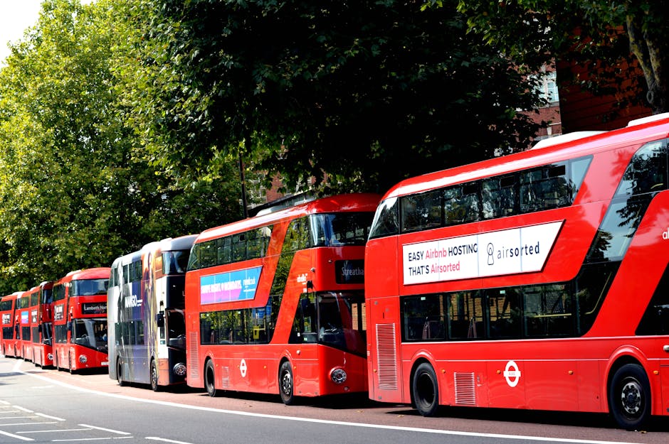 A lineup of red double-decker buses parked along a street in Kennington, with the upper decks and large front windshields visible. The buses feature black windows and white advertising banners, one of which promotes Airbnb hosting. The street is bordered by tall, leafy green trees providing shade, and the background includes brick residential and commercial buildings. Bright daylight enhances the clean and well-maintained appearance of the scene. The image showcases urban transportation infrastructure, indicative of public transit services in the area, with the scene captured in a clear, detailed manner, suitable for illustrating local amenities or transportation features in a content about cleaning and maintenance services by Carpet Cleaning Kennington.