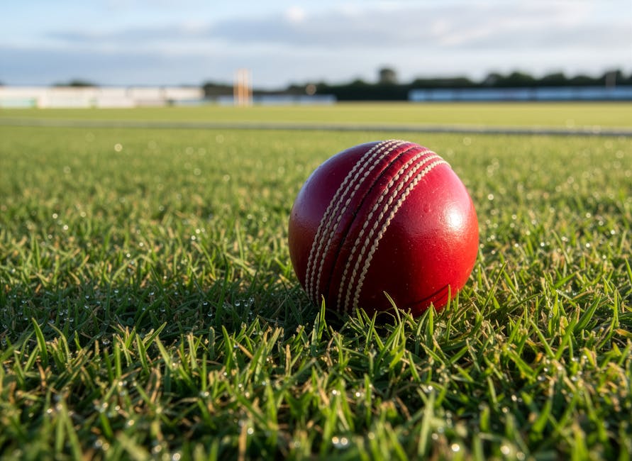A close-up of a red cricket ball with white stitching resting on a well-maintained grass field under natural daylight. The grass is lush, evenly cut, and appears damp, with glistening dew droplets on the blades. In the background, there is a cricket pitch with a slightly blurred view of surrounding fencing and distant structures, illuminated by bright, outdoor lighting. The scene is captured during daytime, showcasing the vibrant green of the field and the shiny surface of the cricket ball. This image relates to surface cleaning and maintenance, emphasizing the importance of hygiene on sports grounds, as provided by Carpet Cleaning Kennington for residential and commercial cleaning needs in the Kennington area.